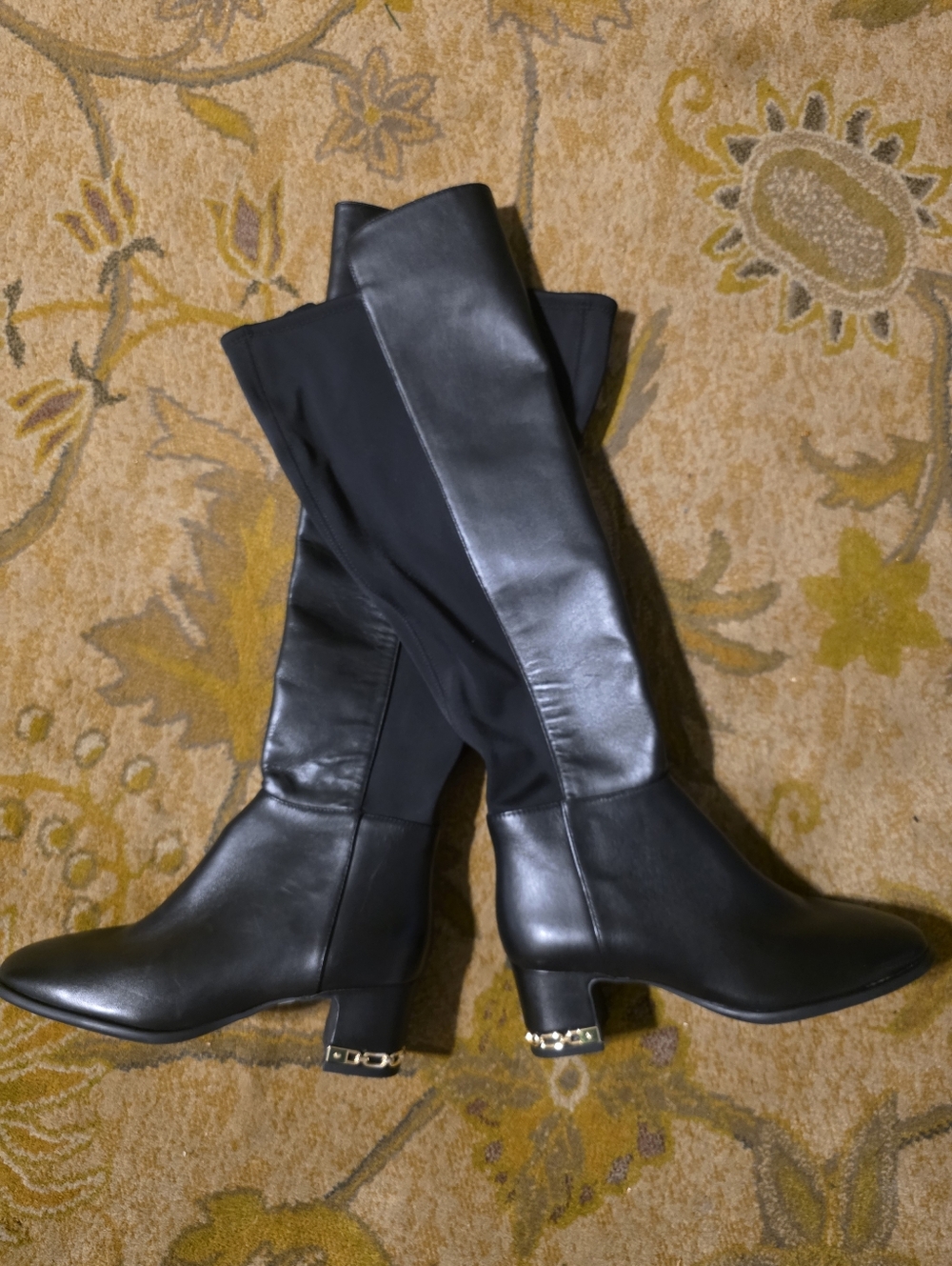 Michael Kors Black Knee-High Leather Boots with Gold Accent